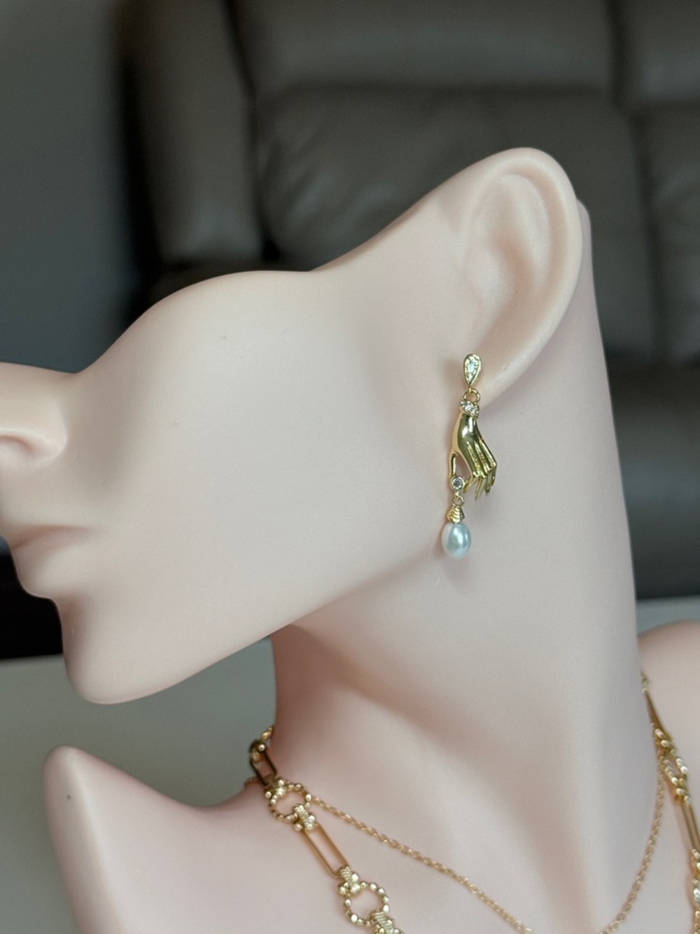 Gold Hand Pearl Drop Earrings - Picture 3 of 13